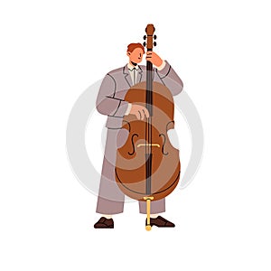 Jazz bassist in suit plays contrabass in blues concert. Professional musician, player performs with double or string