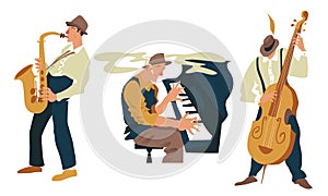 Jazz or blues band players set. Isolated objects on white background. Vector illustration set.