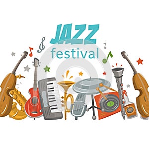 Jazz and blues festival or music party vector illustration with sample text and musical instruments.