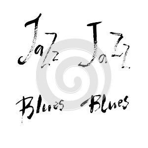 Jazz Blues lettering set. Vector ink hand drawn design. Brush pen design for Music poster. Can be used for music events