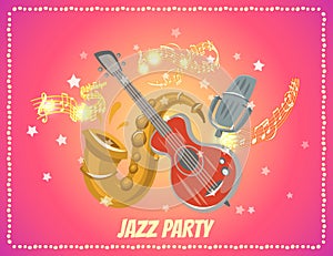 Jazz and blues music party or festival poster vector illustration with sample text and musical instruments, stars and