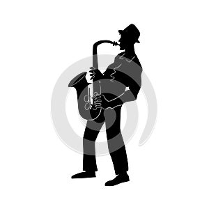 Jazz or blues musician, the man plays a saxophone.  Black and white isolated silhouette with contour. Vector illustration