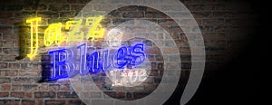 Jazz and Blues sign, neon light, dark brick wall background. 3d illustration