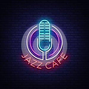 Jazz cafe is a neon sign. Symbol, neon-style logo, bright night banner, luminous advertising on Jazz music for Jazz cafe