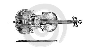 Jazz cello and bow in monochrome engraved vintage style. Hand drawn violoncello sketch for blues and ragtime festival