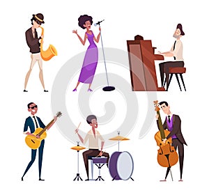 Jazz characters. Music band with eccentric guitar and saxophone players performance woman exact vector musicians