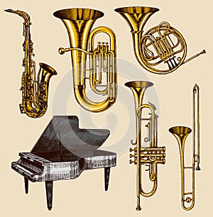 Jazz classical wind instruments set. Musical Trombone Trumpet Flute French horn Saxophone. Hand drawn monochrome