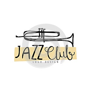 Jazz club logo design, vintage music label with trumpet, element for flyer, card, leaflet or banner, hand drawn vector