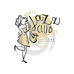 Jazz club logo, vintage music label with woman playing sax, element for flyer, card, leaflet or banner, hand drawn