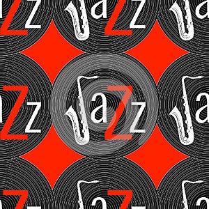 Jazz concept. Vinyl record and word Jazz. Letter J - saxophone. Seamless pattern. Red, black and white elements. Red background