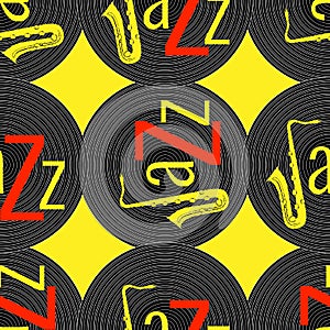 Jazz concept. Vinyl record and word Jazz. Letter J - saxophone. Seamless pattern. Red, black and yellow elements. Yellow backgroun
