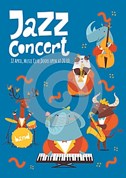 Jazz concert music poster design with cartoon animals playing music instruments