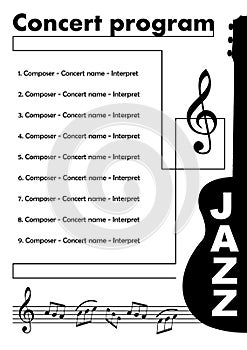 Jazz concert program template with cut out of guitar, treble clef and some notes in stave, musical leaflet, monochrome