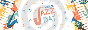 Jazz Day banner of music band instruments