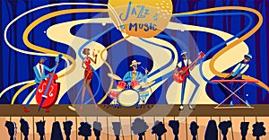 Jazz festival concert vector illustration, cartoon flat musician characters band playing jazz music at live concert
