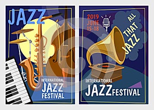 Jazz festival design concept. Colorful jazz party invitation posters set in cartoon style. Vector illustration