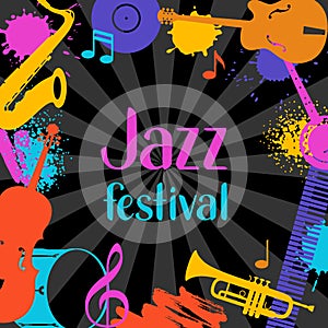 Jazz festival grunge background with musical instruments