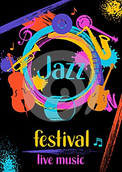 Jazz festival live music retro poster with musical instruments