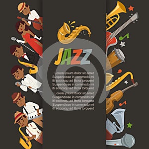 Jazz festival or party with cartoon characters singer, saxophonist and double-bass player and musical instruments poster