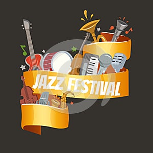 Jazz festival or party with musical instruments saxophone, electric piano and double-bass player and drums with banner