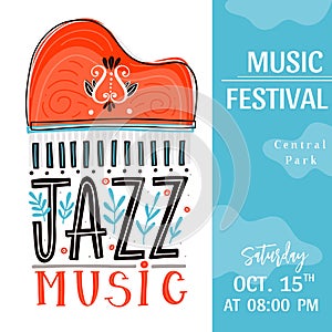 Jazz festival poster template. Lettering and floral decoration