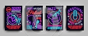 Jazz Festival posters Neon Collection. Neon sign, Neon style brochure, Design invitation template for Jazz music