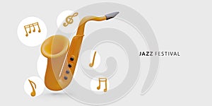 Jazz festival. Realistic yellow saxophone, music notes, treble clef. Invitation to musical event