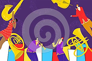 Jazz festival with saxophone instrument, jazz singer and saxophonist playing music poster, vector illustration. Billbord