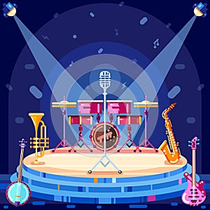 Jazz festival stage, vector flat illustration. Music instruments and spotlights equipment on scene podium