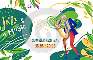 Jazz festival vector illustration, cartoon flat man musician talent sax player character playing jazz blues music on