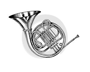 Jazz French horn in monochrome engraved vintage style. Hand drawn trumpet sketch for blues and ragtime festival poster