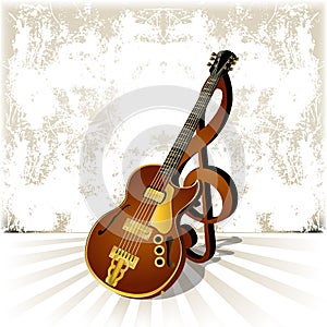 Jazz guitar with a treble clef and shadow on grunge background