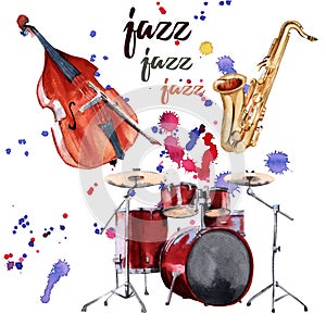 Jazz instruments. Saxophone, drums and double bass. Isolated on white background.