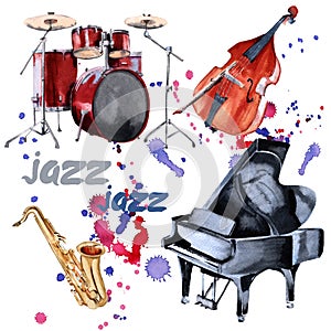Jazz instruments. Saxophone, piano, drums and double bass. Isolated on white background.