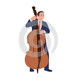 Jazz man musician cartoon character playing double-bass string music instrument isolated on white