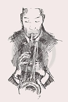 JAZZ Man Playing the Trumpet Hand Drawn, Sketch