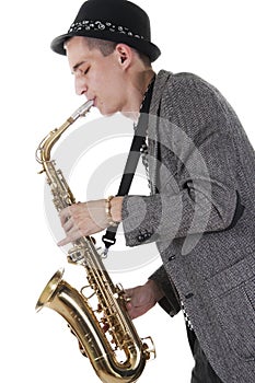 Jazz man plays a saxophone