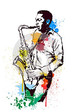 Jazz man with sax on the white background