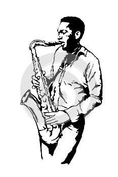 Jazz man with sax on the white background