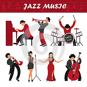 Jazz music band musicians and singers performer people vector icons playing musical instruments