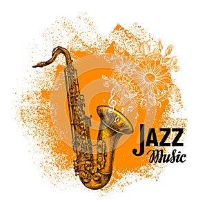 Jazz music. Classical saxophone with musical notes. Vector illustration