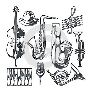 Jazz music club party icons sketch set with saxophone trumpet singer and double bass isolated vector