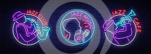 Jazz music collection of logos in neon style. Set of neon sign symbols, emblem, light banner, luminous sign. Bright Neon