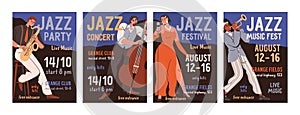 Jazz music concert, festival, party, posters designs set. Musicians and singers on promotion flyers templates. Cards