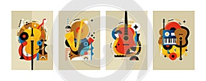 Jazz music. Concert instruments, posters with piano, saxophone and guitar, abstract orchestra graphic covers. Geometric