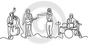 Jazz Music concert one line drawing. Continuous single hand drawn minimalism. Vector illustration of people group band including