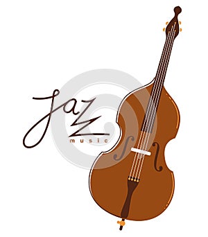 Jazz music emblem or logo vector flat style illustration isolated, contrabass logotype for recording label or studio or musical