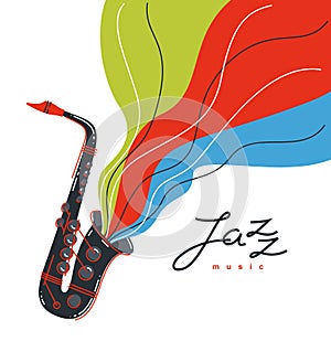 Jazz music emblem or logo vector flat style illustration isolated, saxophone logotype for recording label or studio or musical