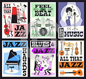 Jazz music festival cards. Funny artists with different instruments, invitational concert posters, live music party time