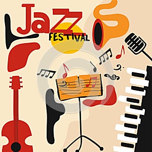 Jazz music festival colorful poster with music instruments. Saxophone, guitar, piano, microphone and music stand flat vector illus